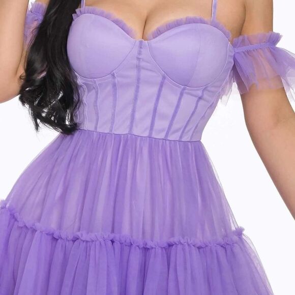 Lavender Off-the-shoulder puff mini dress - Picture 2 of 2